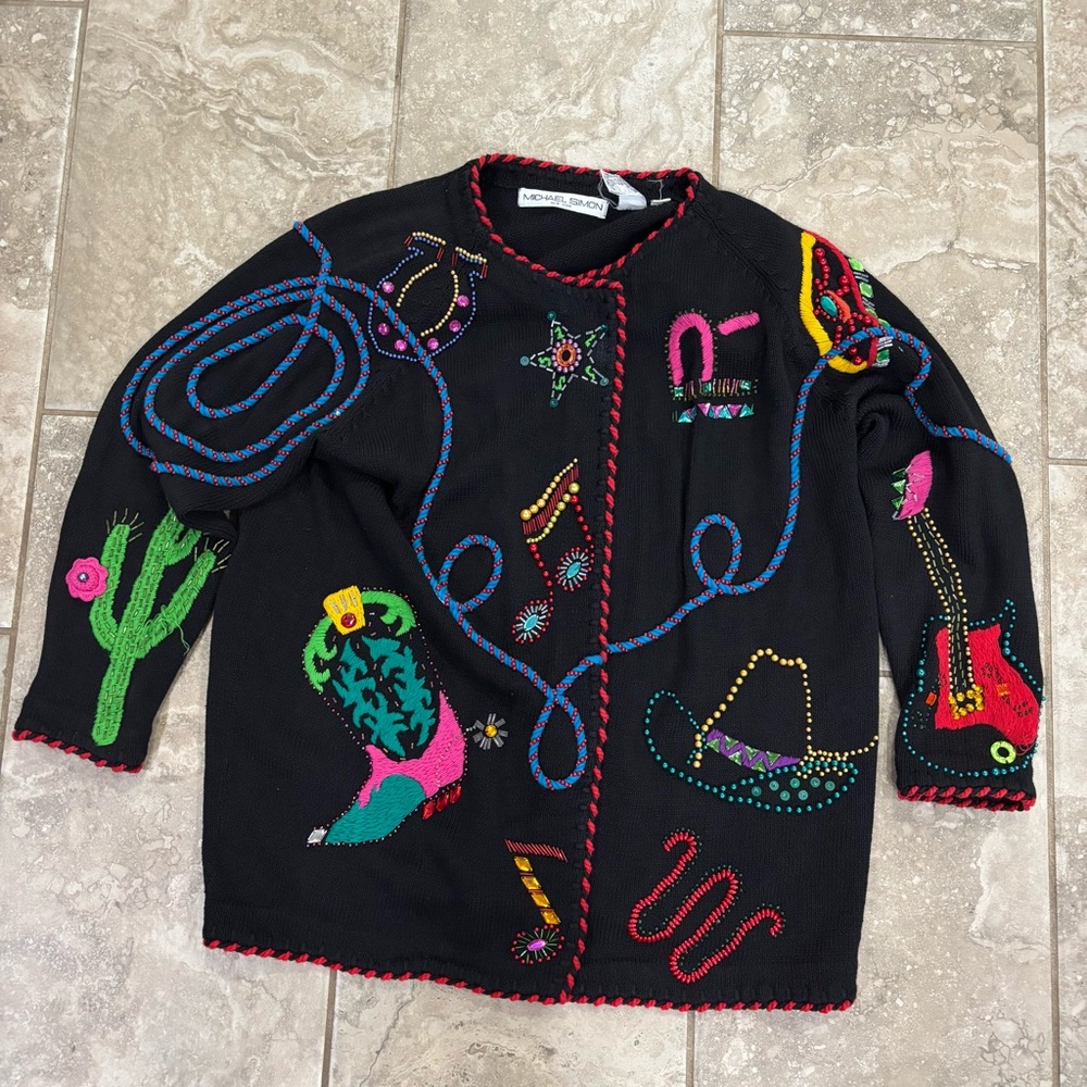 Michael Simon Black Embroidered Western Cowboy Cardigan with Multicolor Accents